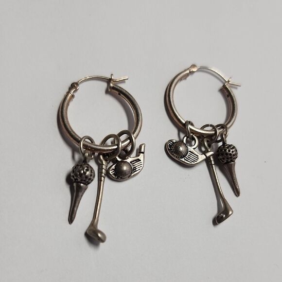 SJC Sterling Silver Golf Charm Hoop Earrings 925 - Picture 1 of 3